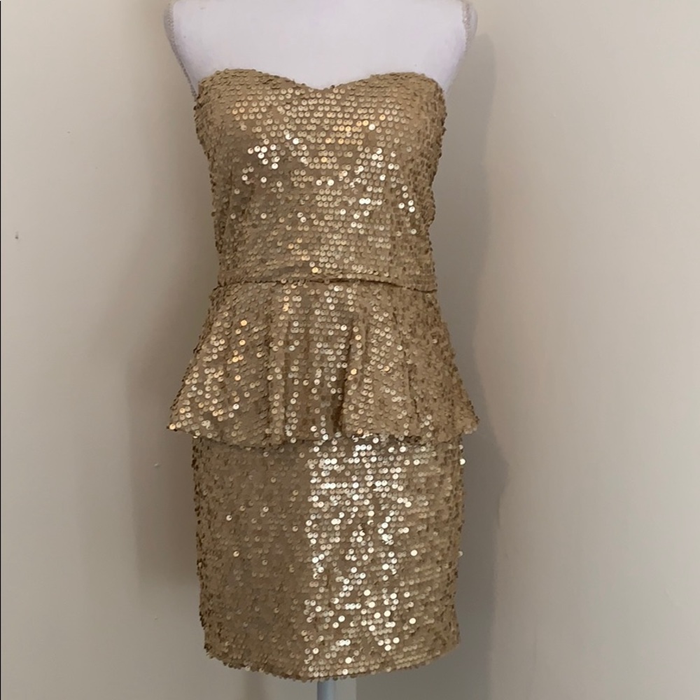 Gold Sequin Strapless Peplum Dress!